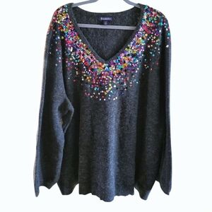 Roamans Beautiful Colorful Sequin V-Neck Charcoal Gray Sweater. Size 4X. NWOT.